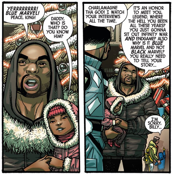 Charlemagne and Blue Marvel in Marvel's Voices #1, 'Christmas Blues'