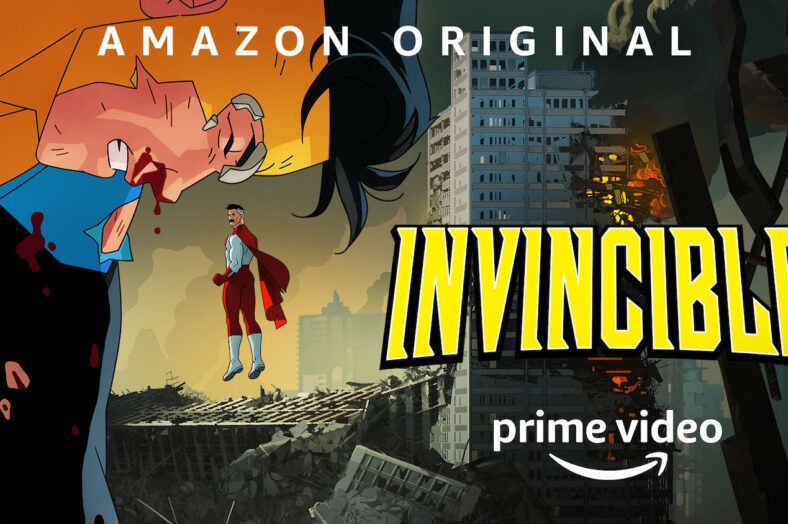 Show poster for Amazon Prime's Invincible. Mark is kneeling and bloody in the foreground while his father looks on surrounded by destruction in the background