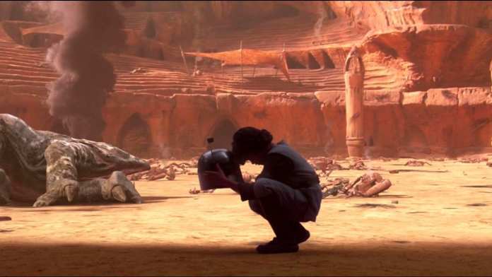Scene from Attack of the Clones. Boba Fett picks up his father's helmet just after Jango has been killed.