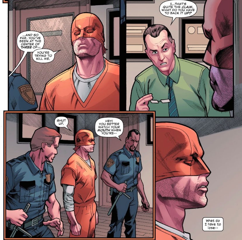 Three panels. Two guards lead Murdock into the warden's office.