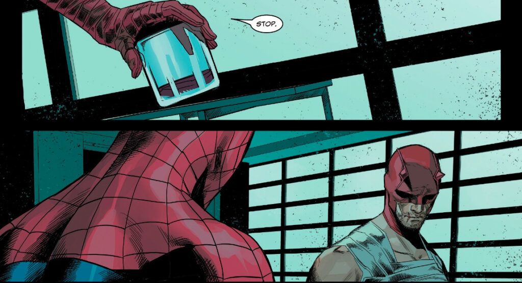 Two panels, Spider-man visiting Daredevil