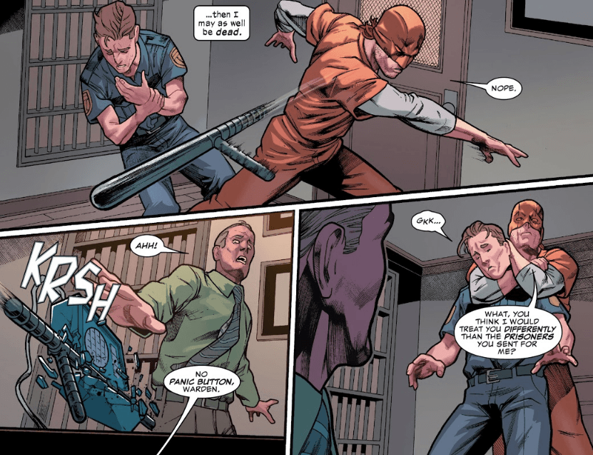 3 panels of the fight scene between Daredevil, the prison guards and the warden.
