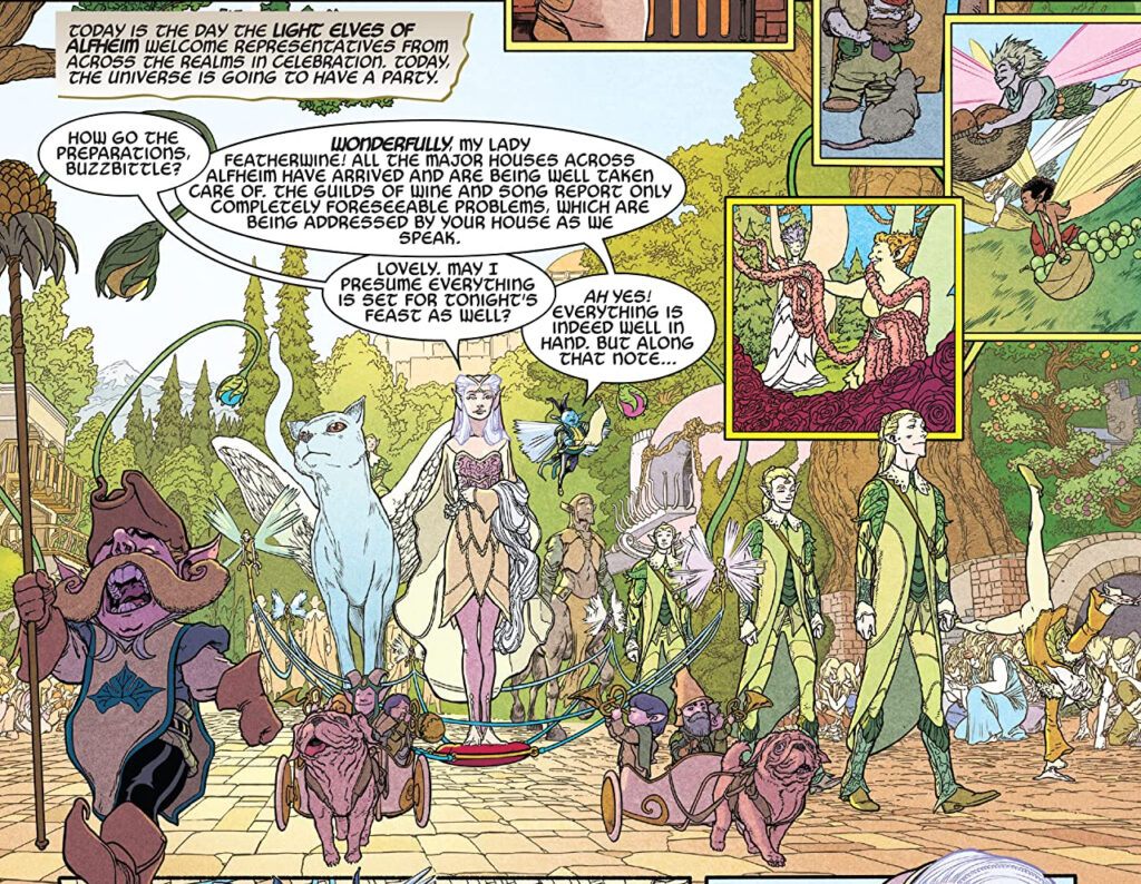 Panel from Thor Annual #1 depicting the psrty preparations in Alfheim