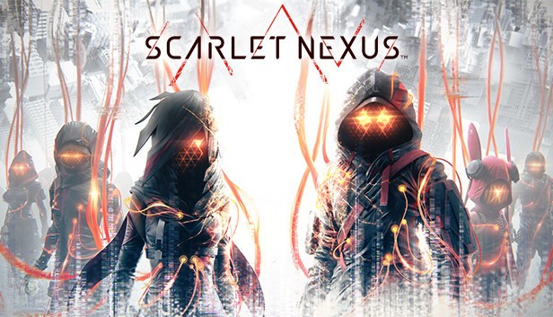 Scarlet Nexus promo pic. Several figures in silhouette with glowing orage eyes and orange cables connecting them.