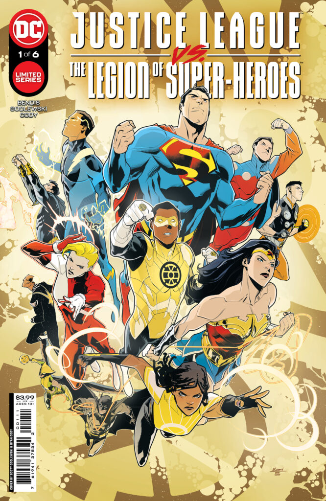 Justice League and Legion of Superheroes members in a classic cover pose.