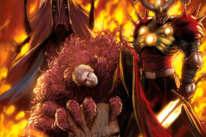 The mothers - three terrifying figures - stand over the grave of Dr. Strange