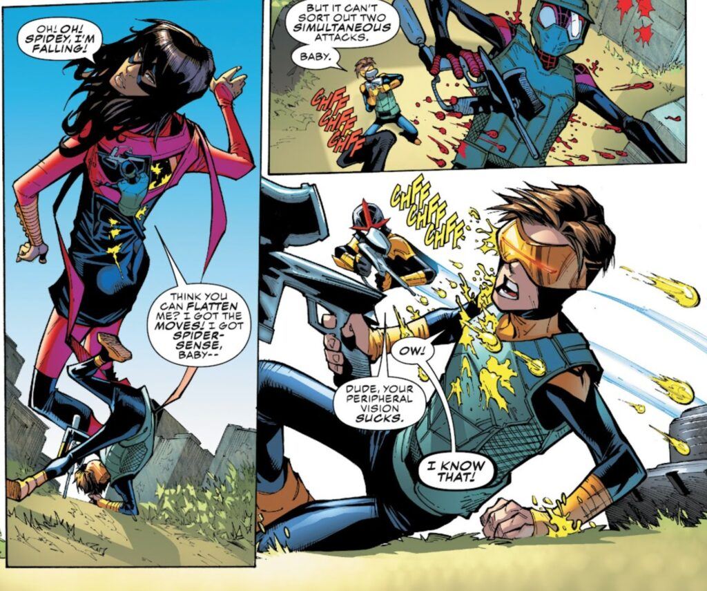 Scott Summers, Ms. Marvel, and Spider-Man paint balling with Nova