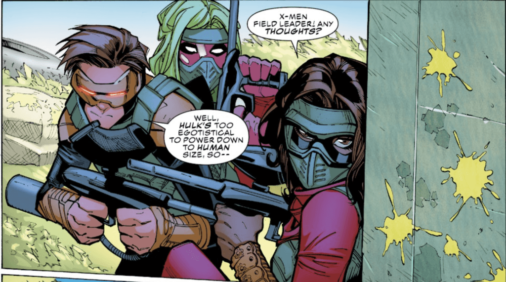 Scott Summers, Viv, and Ms. Marvel playing paintball
